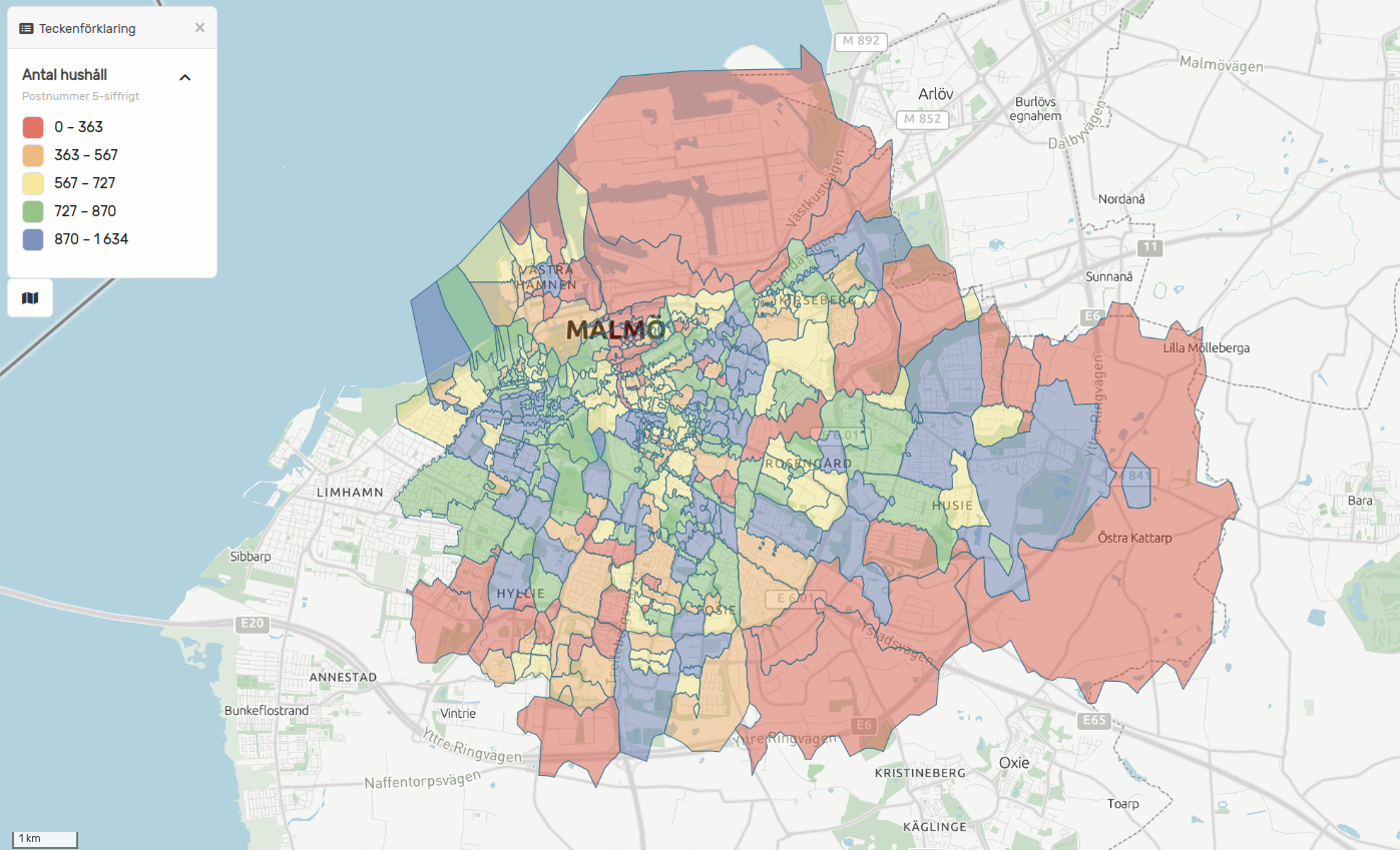 Hushållsstatistik med antal boende utifrån boendetyp i Danmark på 4-siffrig postnummernivå