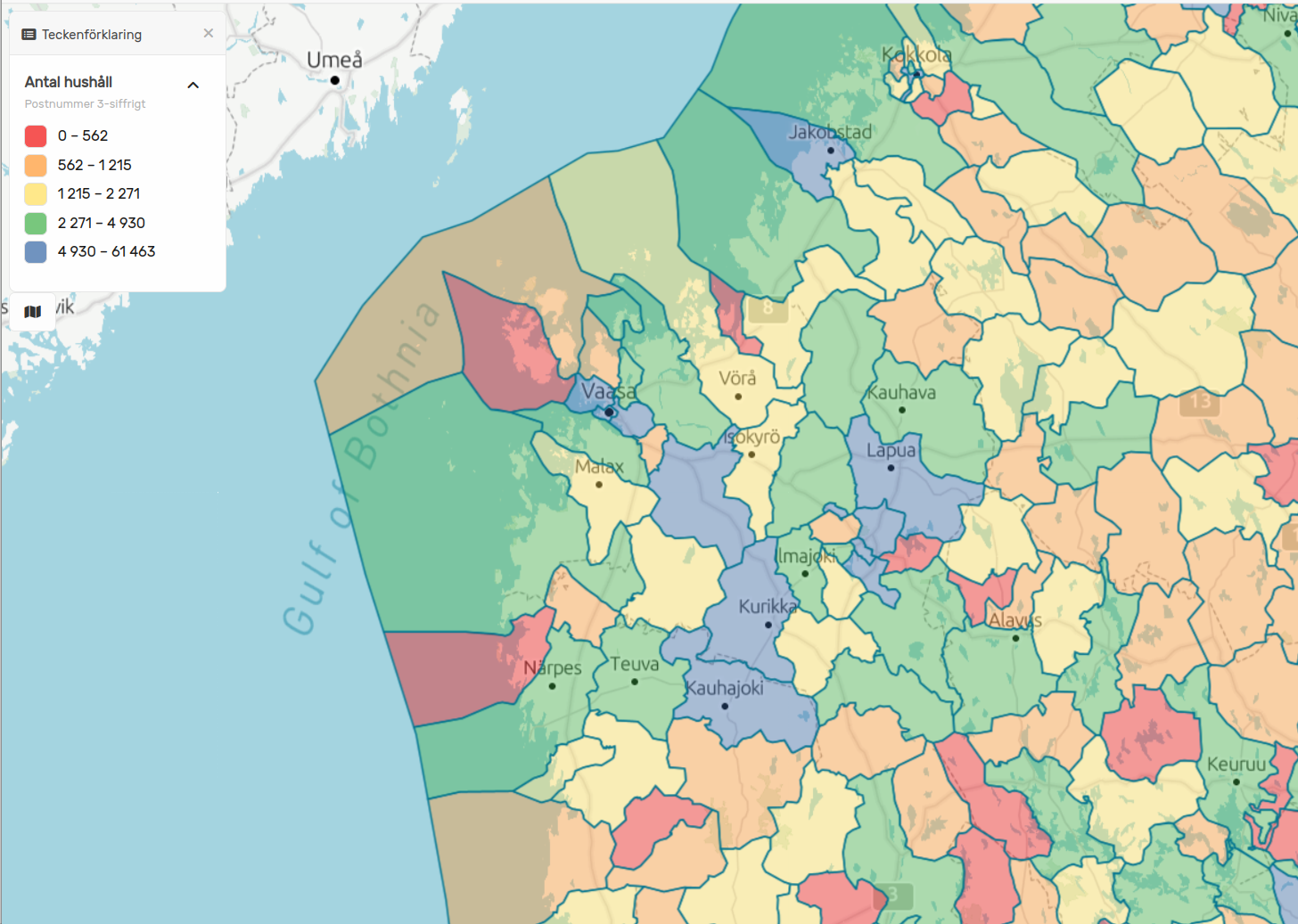 Hushållsstatistik med antal boende utifrån boendetyp i Finland på 5-siffrig postnummernivå