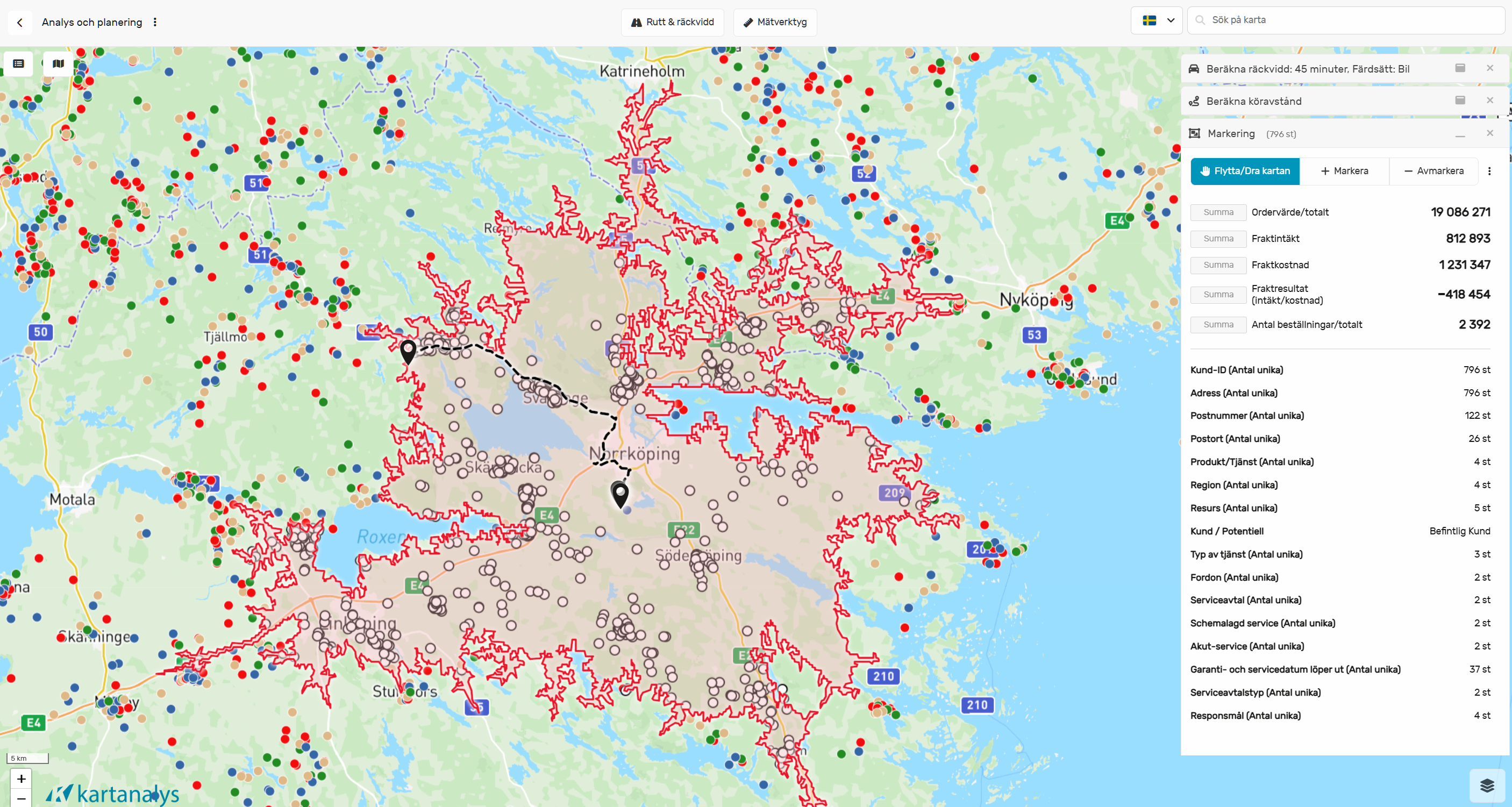 Beräkna räckvidd via färdväg
