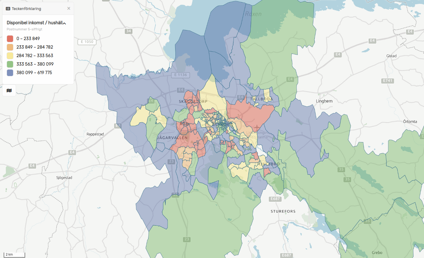 Antal hushåll utifrån köpkraft och inkomst på postnummernivå i Danmark