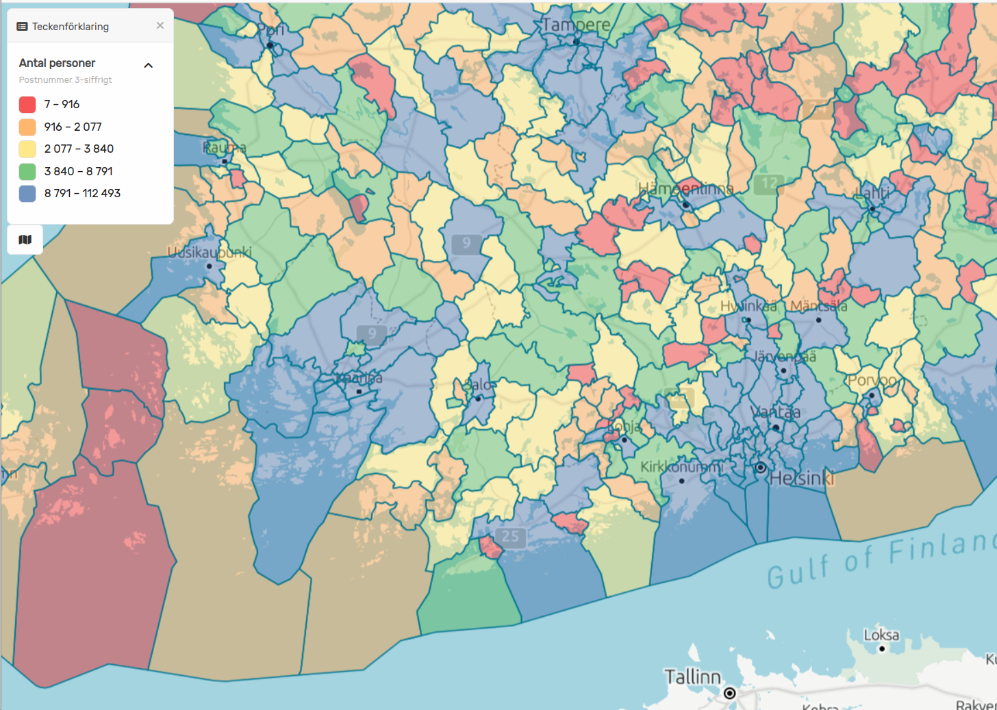 Antal personer utifrån åldersgrupper på postnummernivå i Finland