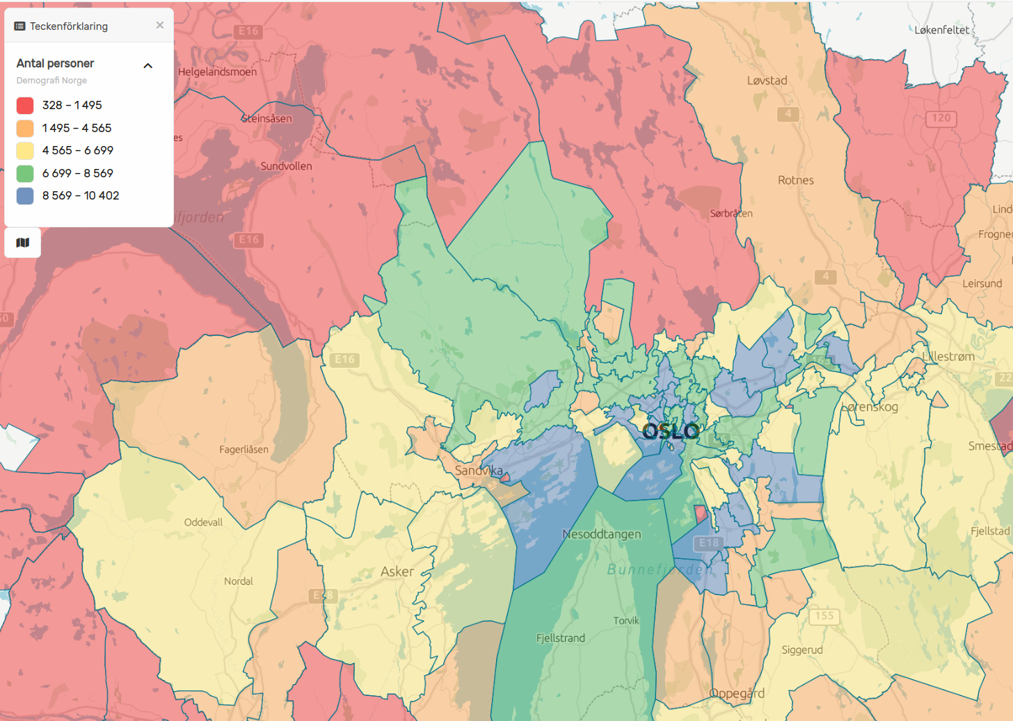 Antal personer utifrån åldersgrupper på postnummernivå i Norge