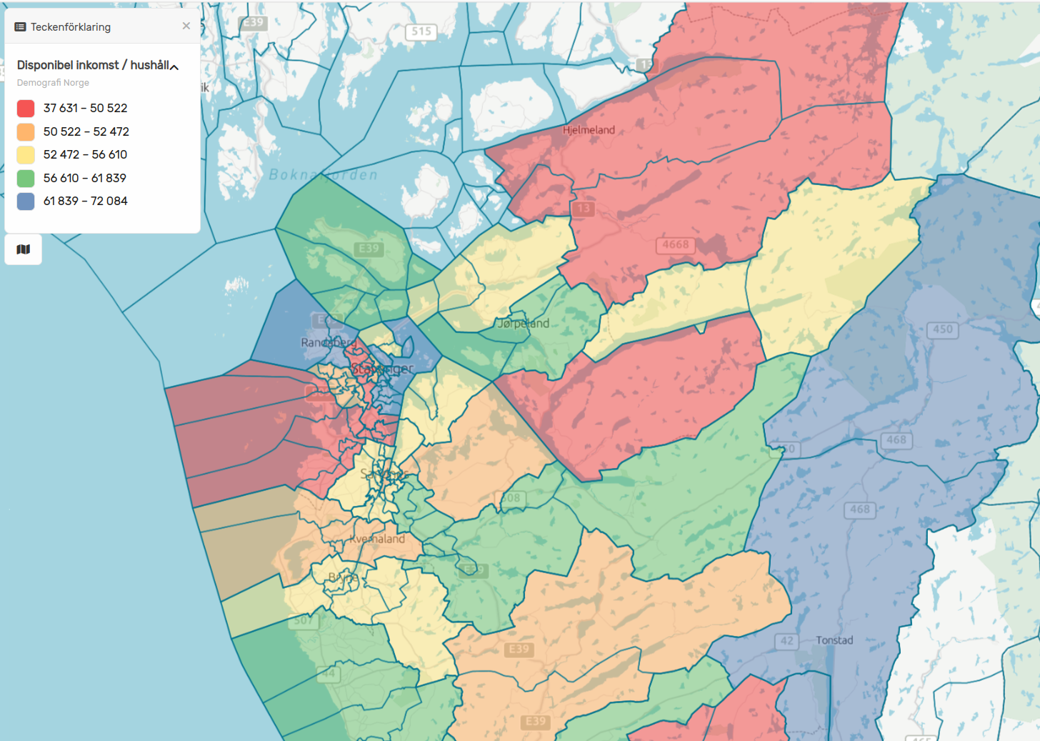 Antal hushåll utifrån köpkraft och inkomst på postnummernivå i Norge
